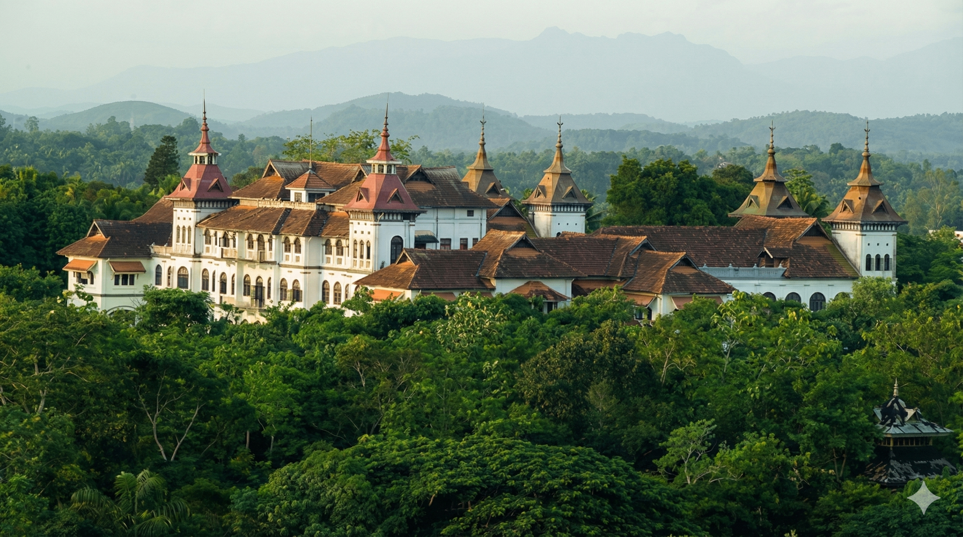 Kowdiar Palace rising above the canopy with the Western Ghats beyond