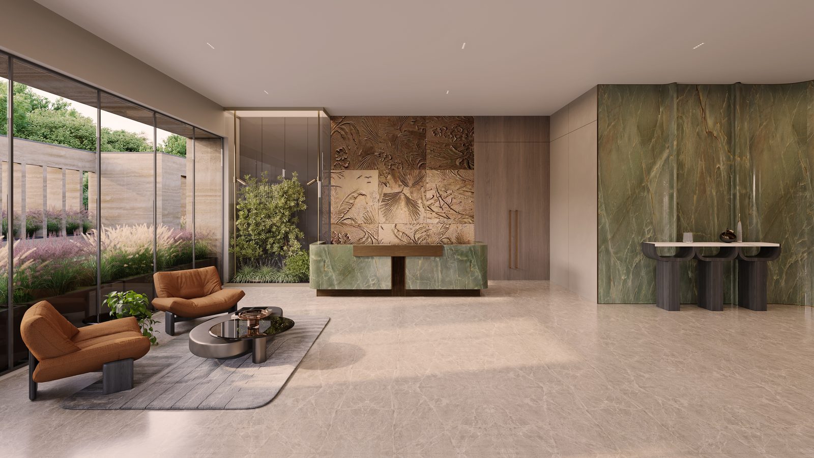 Reception with green marble and bronze detailing