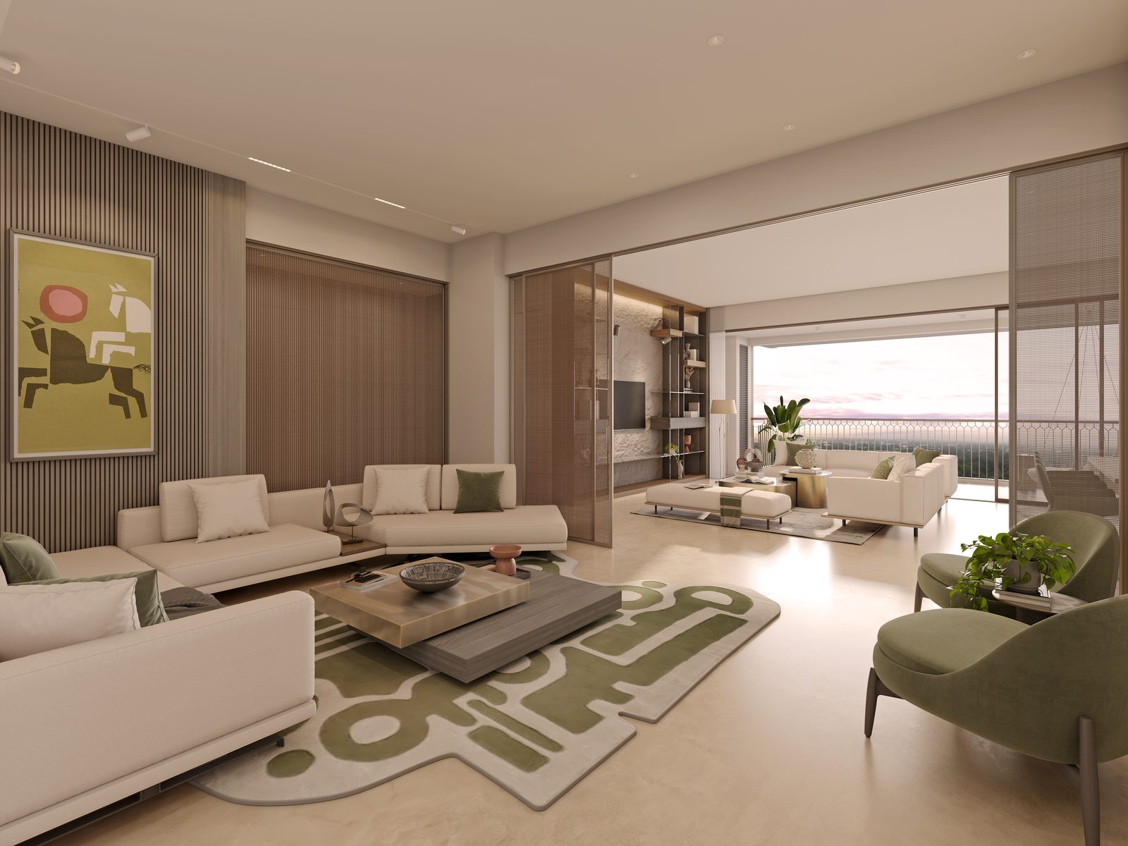 Refined lounge with cream sofas and balcony view
